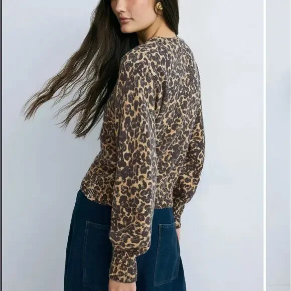 Marnine Layer Cheetah Sweater XS Cropped Soft Cotton Crew Animal Designer $158 - Picture 2 of 11